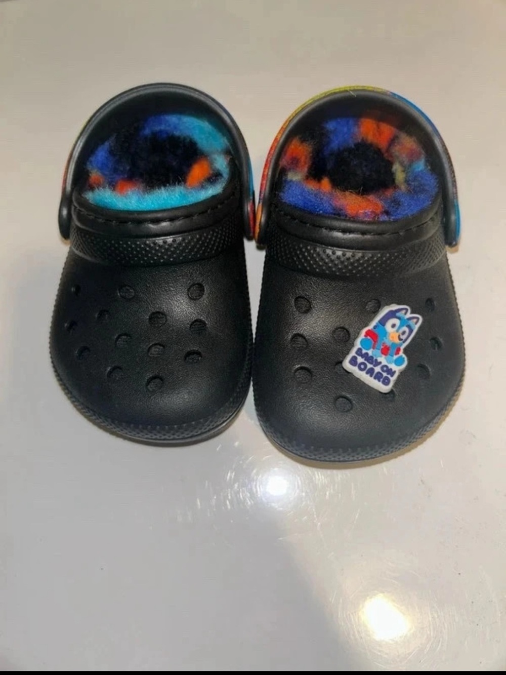 CROCS Kids Black Clogs with Multicolor Fleece Lining